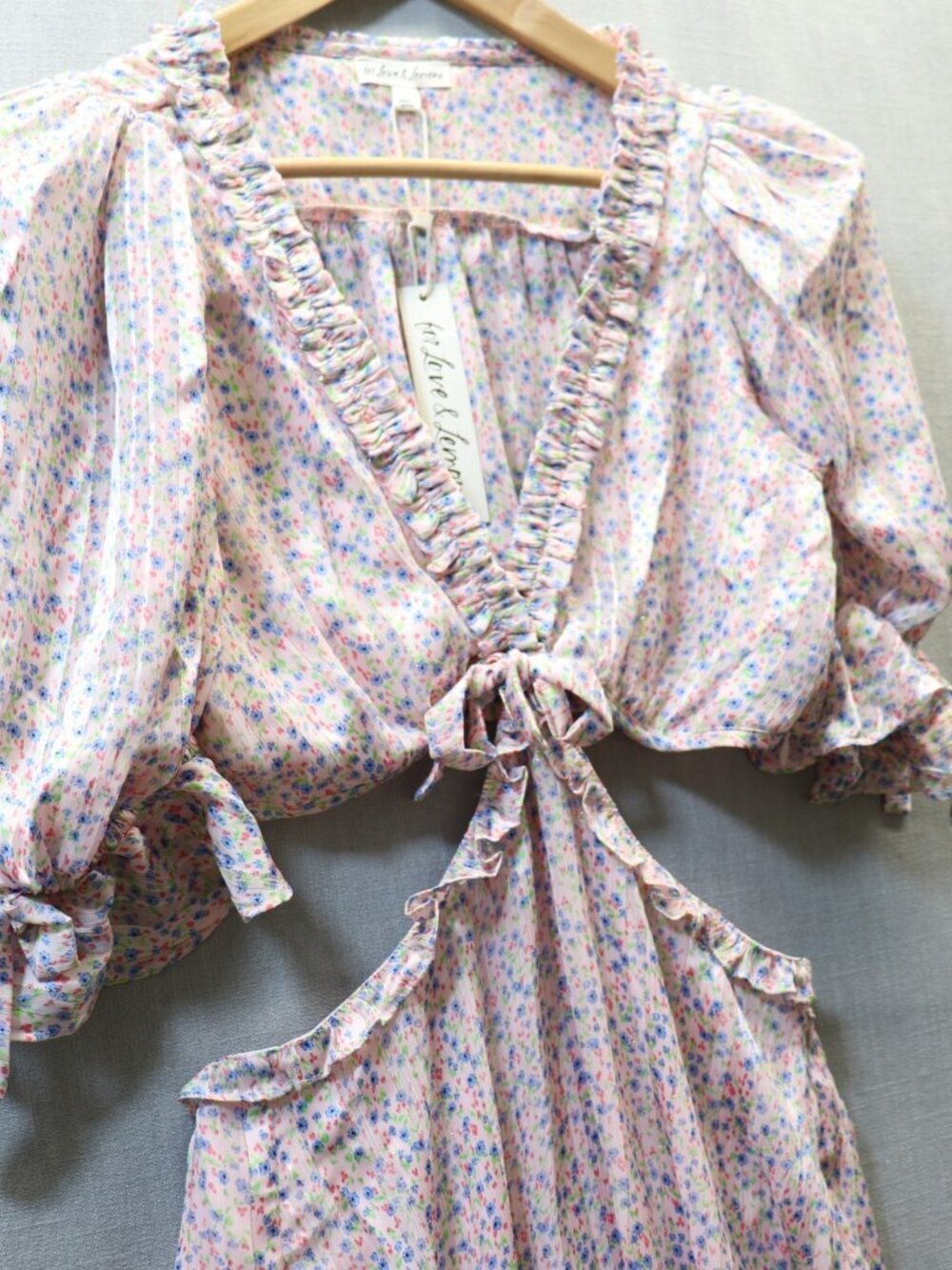 For Love & Lemons Phoebe Floral Mini Dress L Pink Cut Out Puff Sleeve NWT - Picture 6 of 16
